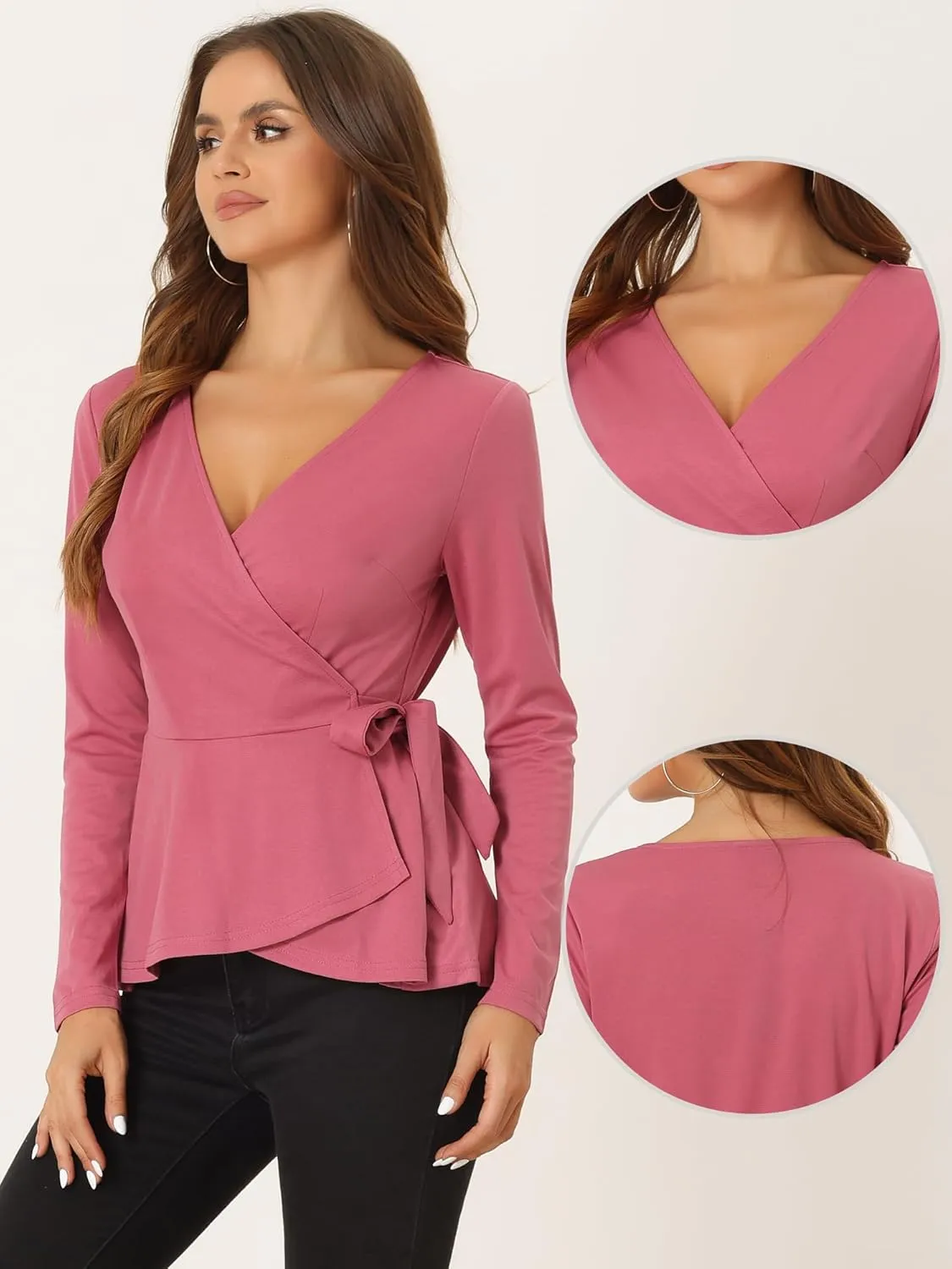Allegra K Dressy Casual Wrap Peplum Tops for Women's Elegant V Neck Long Sleeves Tie Waist Knit Blouse