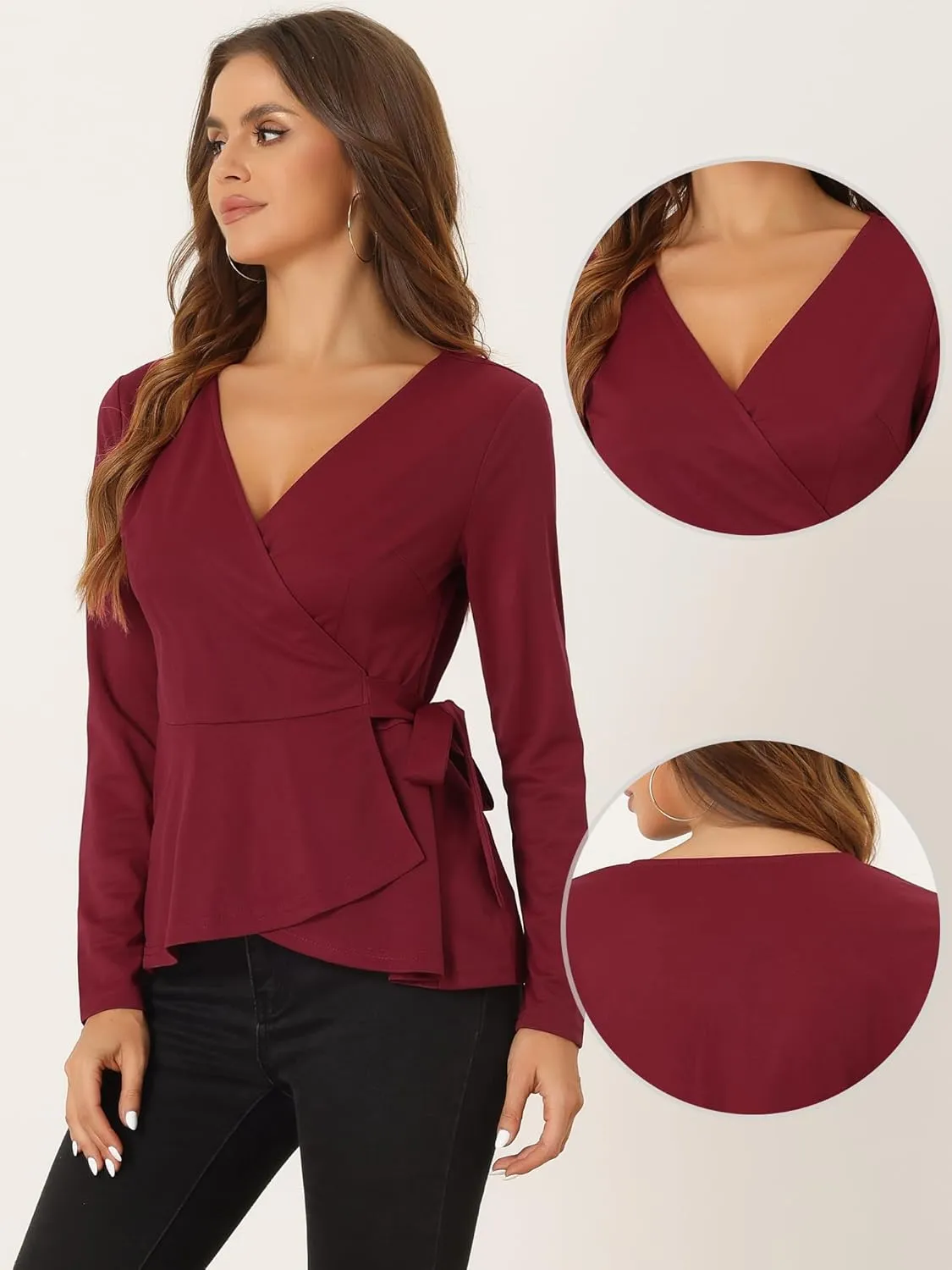 Allegra K Dressy Casual Wrap Peplum Tops for Women's Elegant V Neck Long Sleeves Tie Waist Knit Blouse