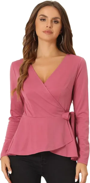 Allegra K Dressy Casual Wrap Peplum Tops for Women's Elegant V Neck Long Sleeves Tie Waist Knit Blouse