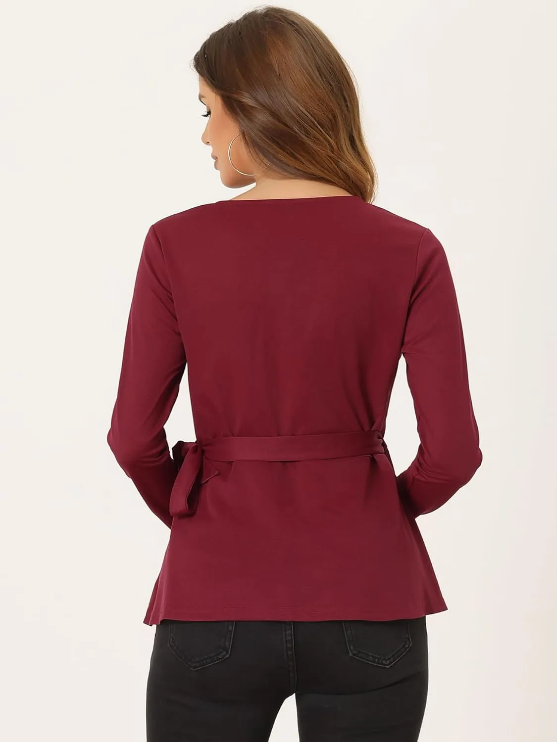 Allegra K Dressy Casual Wrap Peplum Tops for Women's Elegant V Neck Long Sleeves Tie Waist Knit Blouse