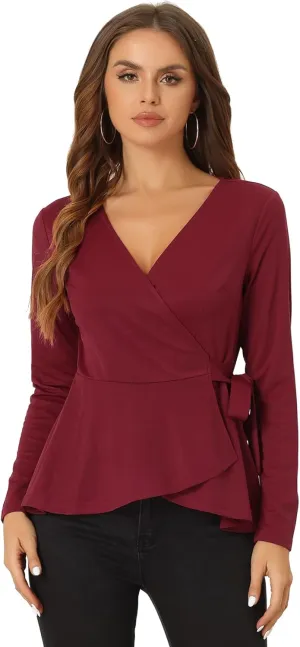 Allegra K Dressy Casual Wrap Peplum Tops for Women's Elegant V Neck Long Sleeves Tie Waist Knit Blouse