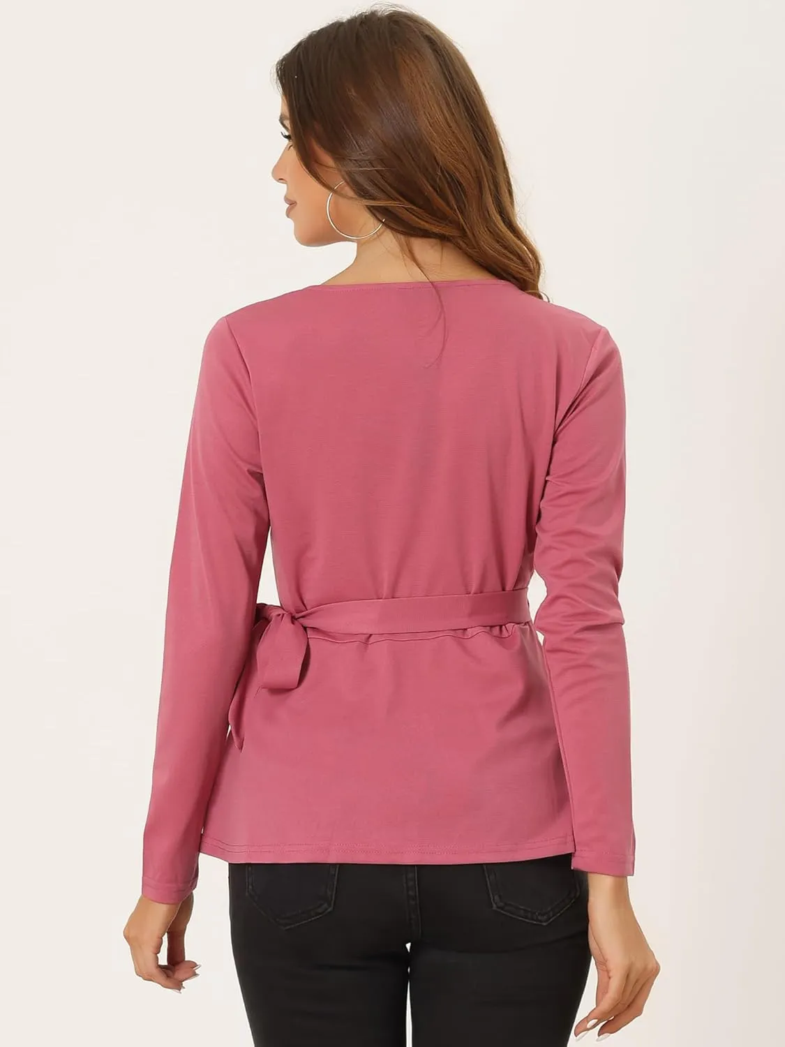 Allegra K Dressy Casual Wrap Peplum Tops for Women's Elegant V Neck Long Sleeves Tie Waist Knit Blouse