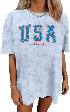 American Flag Shirt: USA Shirt for Women Oversized 4th of July Shirts Patriotic T-Shirt Bleached Short Sleeve Tops