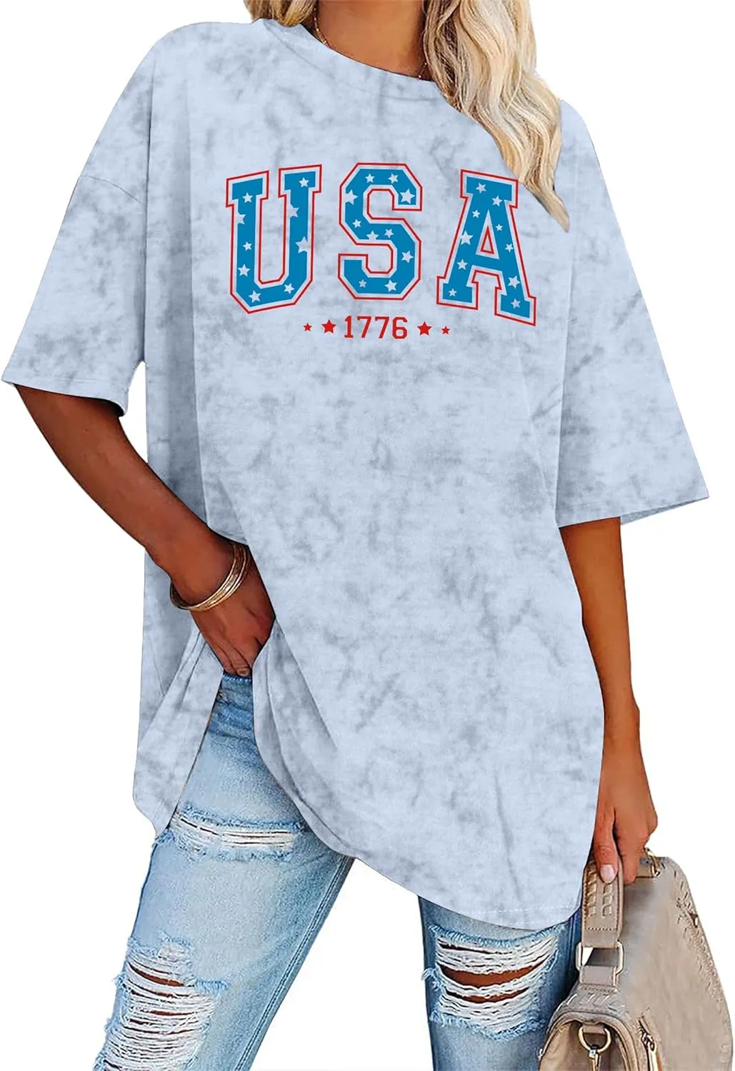 American Flag Shirt: USA Shirt for Women Oversized 4th of July Shirts Patriotic T-Shirt Bleached Short Sleeve Tops