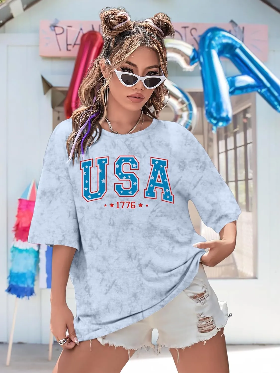 American Flag Shirt: USA Shirt for Women Oversized 4th of July Shirts Patriotic T-Shirt Bleached Short Sleeve Tops