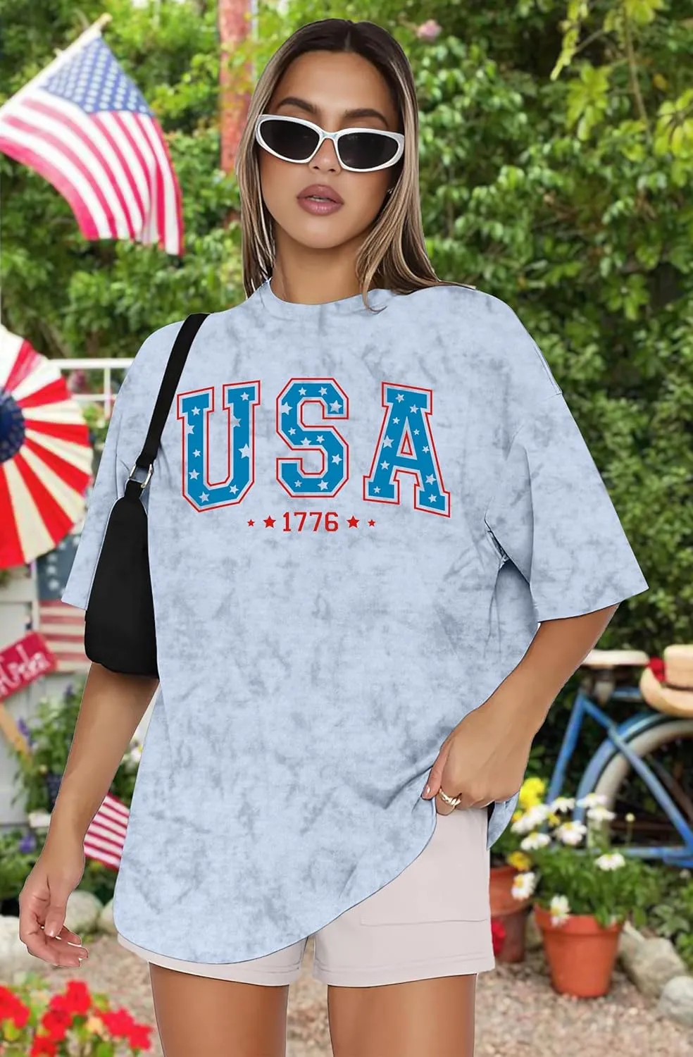 American Flag Shirt: USA Shirt for Women Oversized 4th of July Shirts Patriotic T-Shirt Bleached Short Sleeve Tops