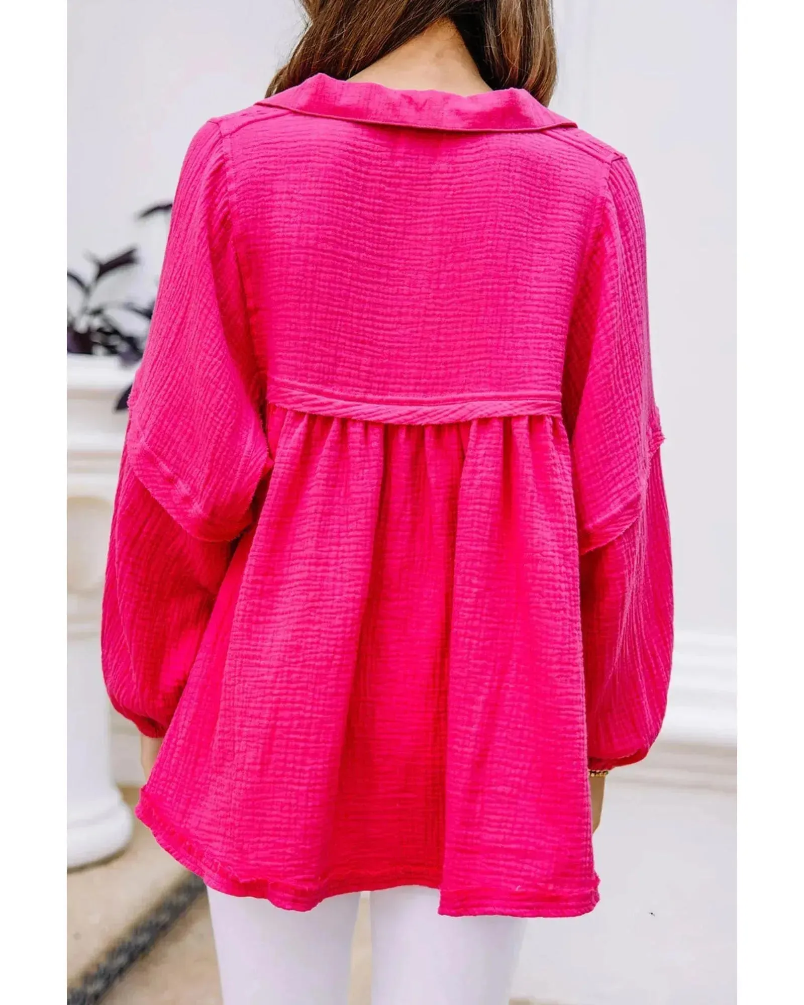 Azura Exchange Crinkled V-Neck Bubble Sleeve Blouse - M