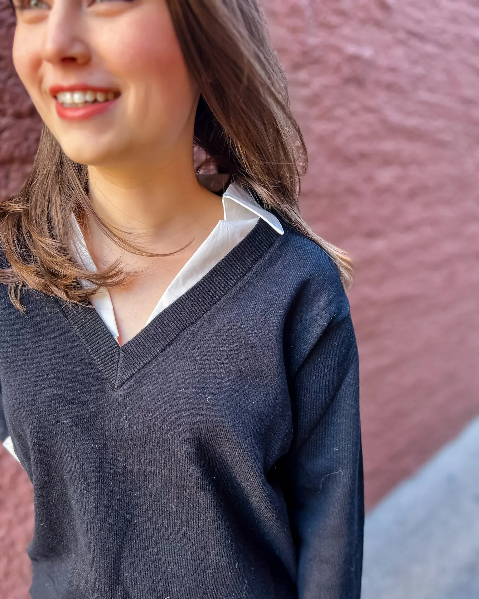Black V-Neck Sweater with Layered Blouse
