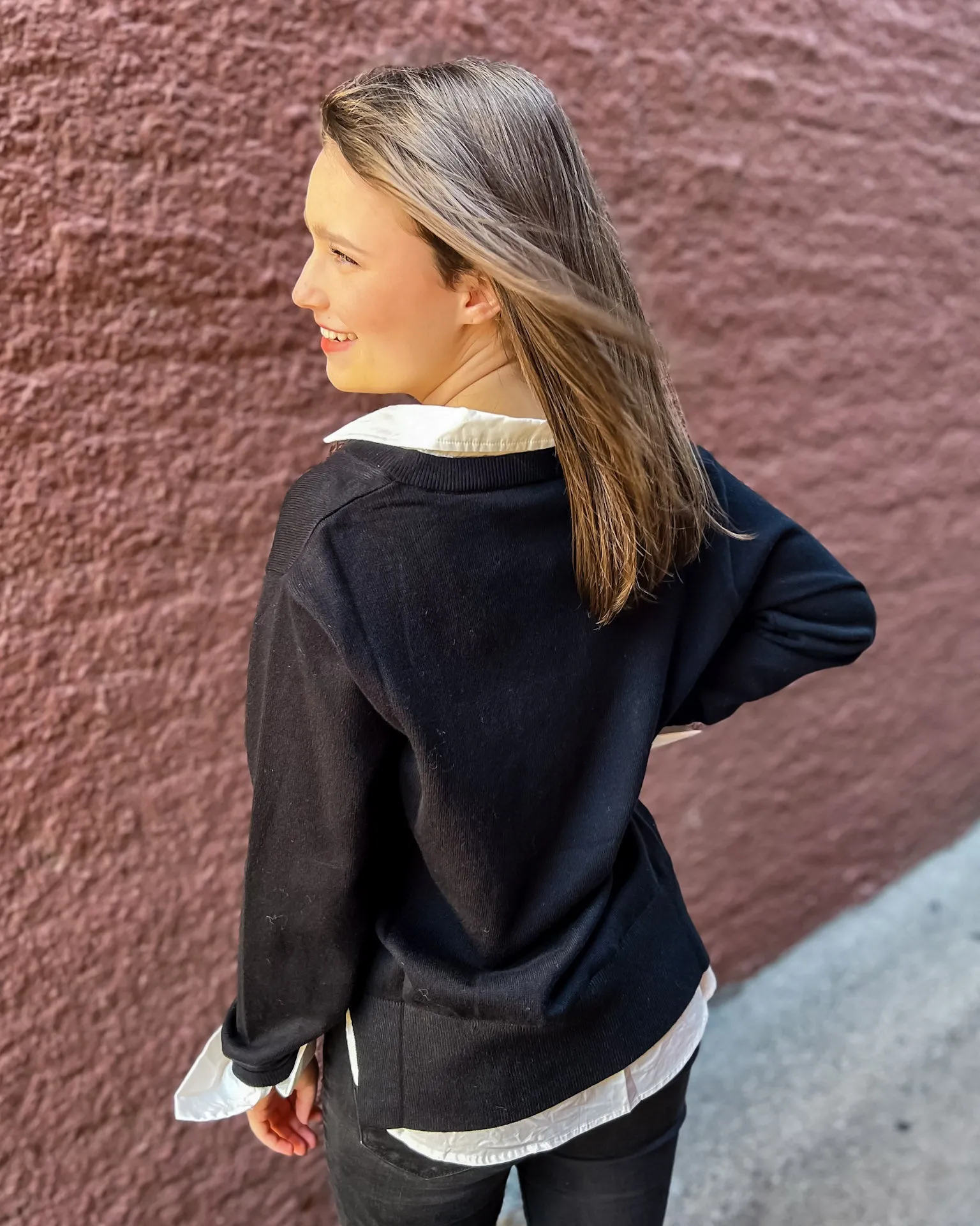 Black V-Neck Sweater with Layered Blouse