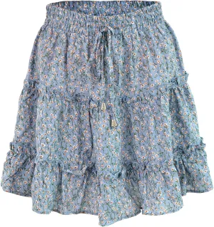 Blostirno Womens Ruffle Mini Skirt Floral Print High Waisted Tiered A Line Summer Boho Flowy Short Skirts