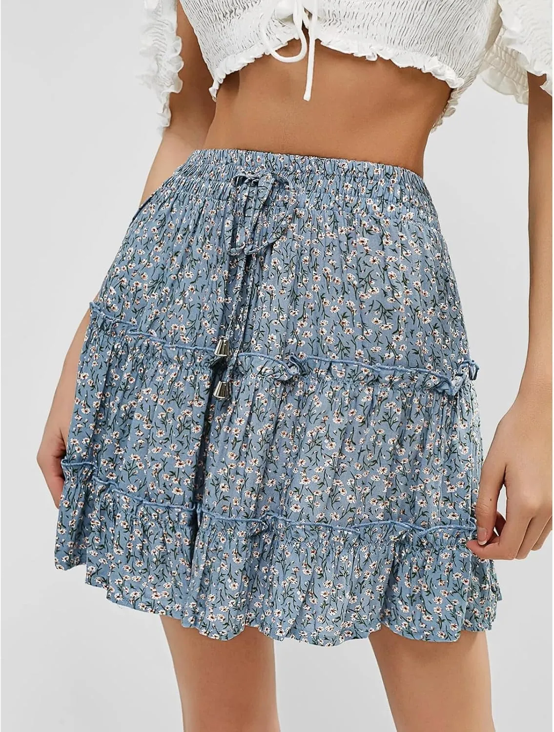 Blostirno Womens Ruffle Mini Skirt Floral Print High Waisted Tiered A Line Summer Boho Flowy Short Skirts
