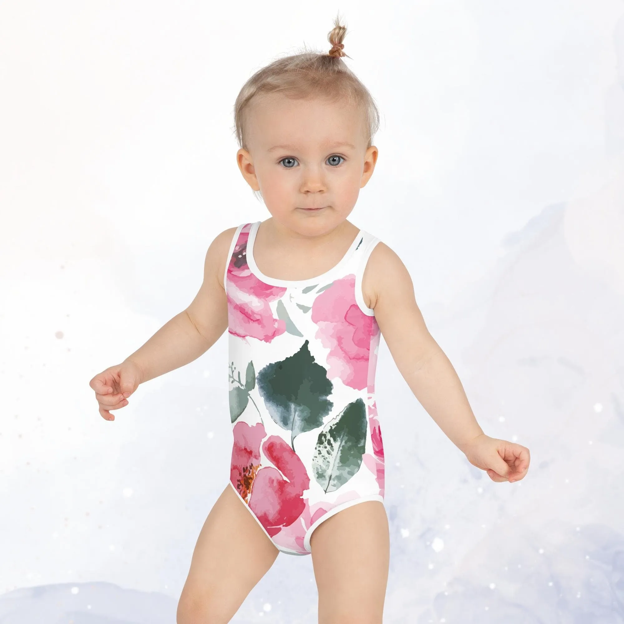 Bold Floral Pattern Print Kids Swimsuit Leotard