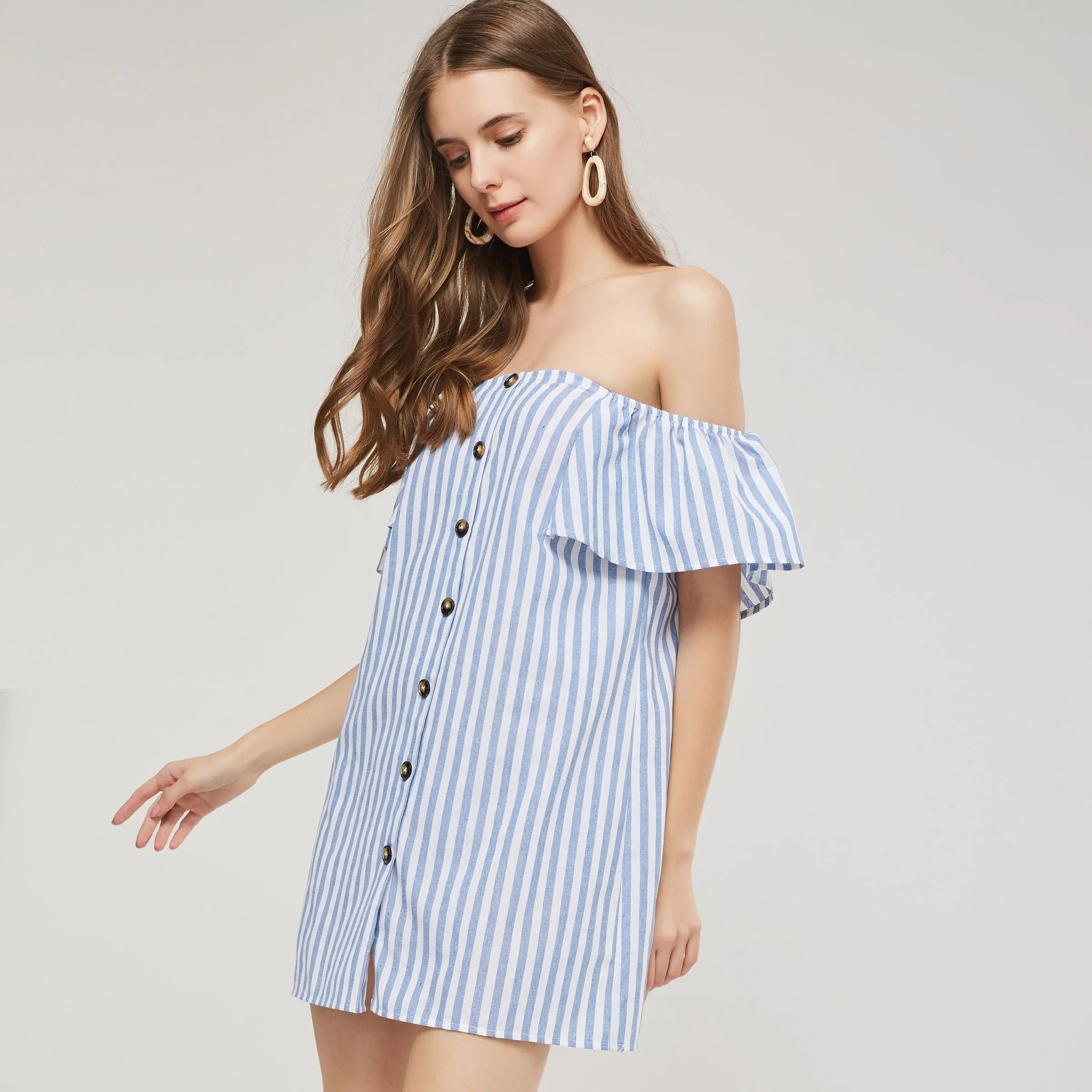 Casual Striped Off Shoulder Mini