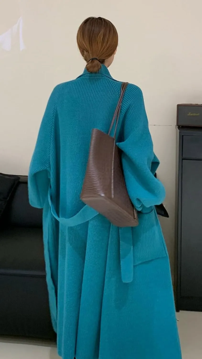 CHARTOU Women's Elegant Lapel Collar Rib-Knit Open Front Cardigan Long Sweater Jacket Overcoat