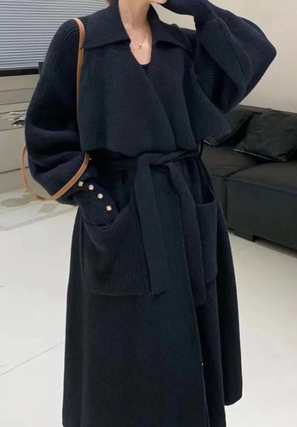 CHARTOU Women's Elegant Lapel Collar Rib-Knit Open Front Cardigan Long Sweater Jacket Overcoat