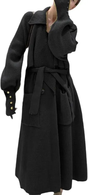 CHARTOU Women's Elegant Lapel Collar Rib-Knit Open Front Cardigan Long Sweater Jacket Overcoat