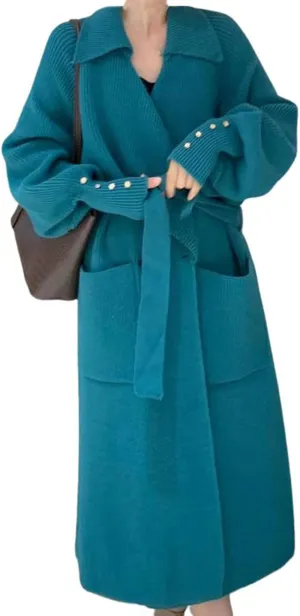 CHARTOU Women's Elegant Lapel Collar Rib-Knit Open Front Cardigan Long Sweater Jacket Overcoat