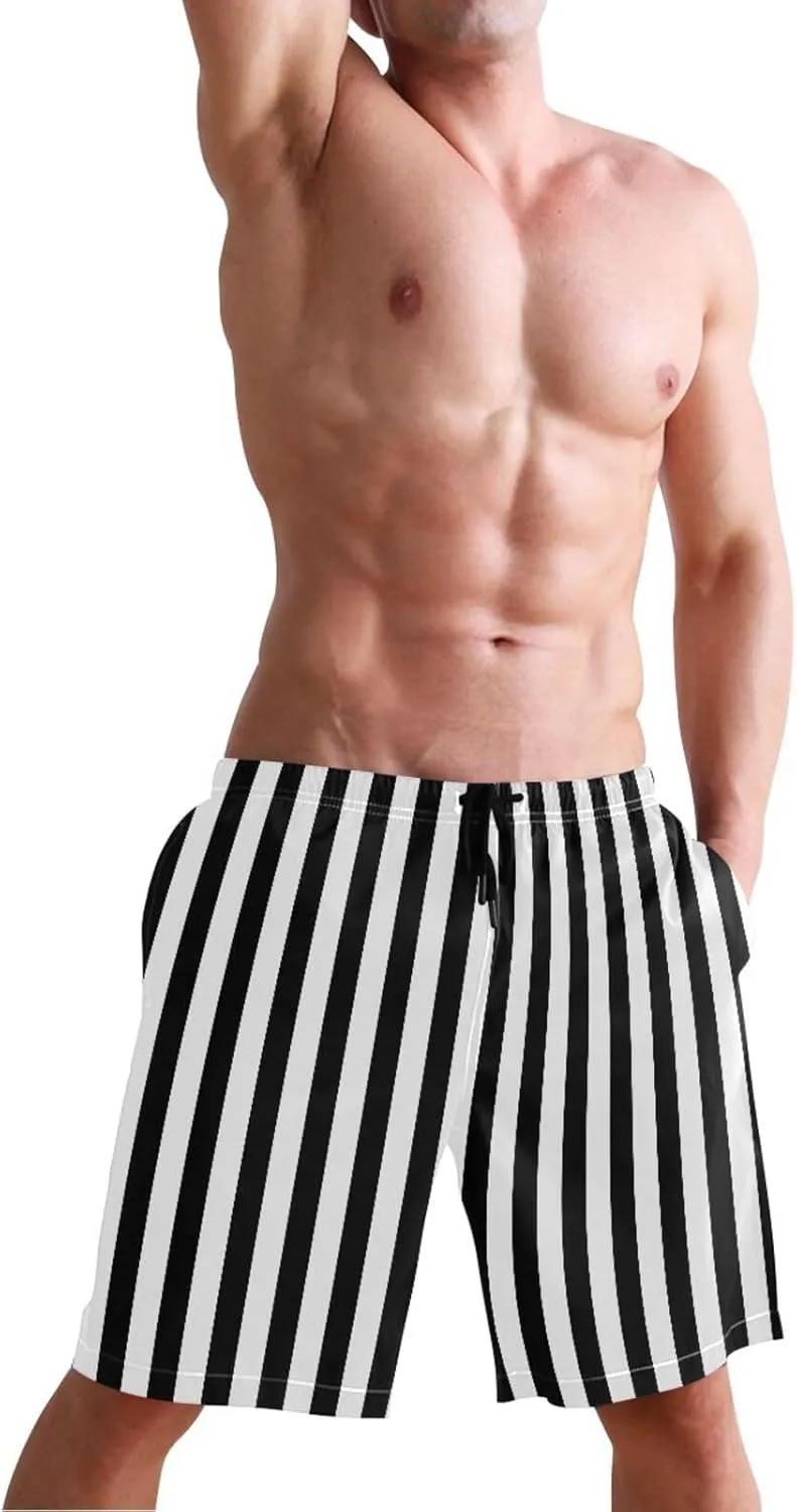 CHIFIGNO Bold Vertical Stripes Black Trunks Men's Shorts, Small Quick Dry, Mens Board Shorts