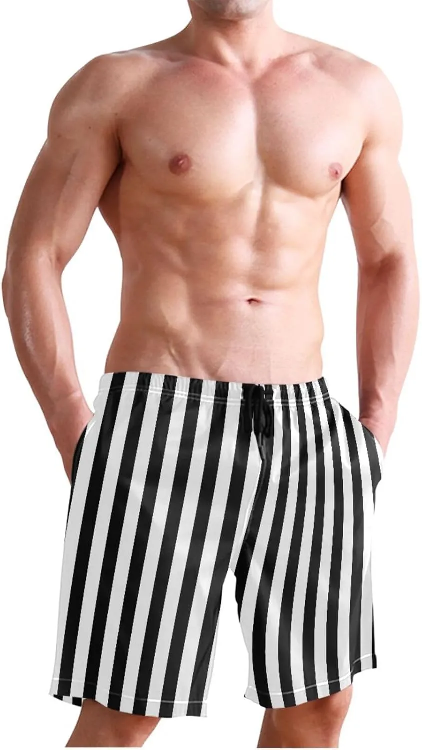 CHIFIGNO Bold Vertical Stripes Black Trunks Men's Shorts, Small Quick Dry, Mens Board Shorts
