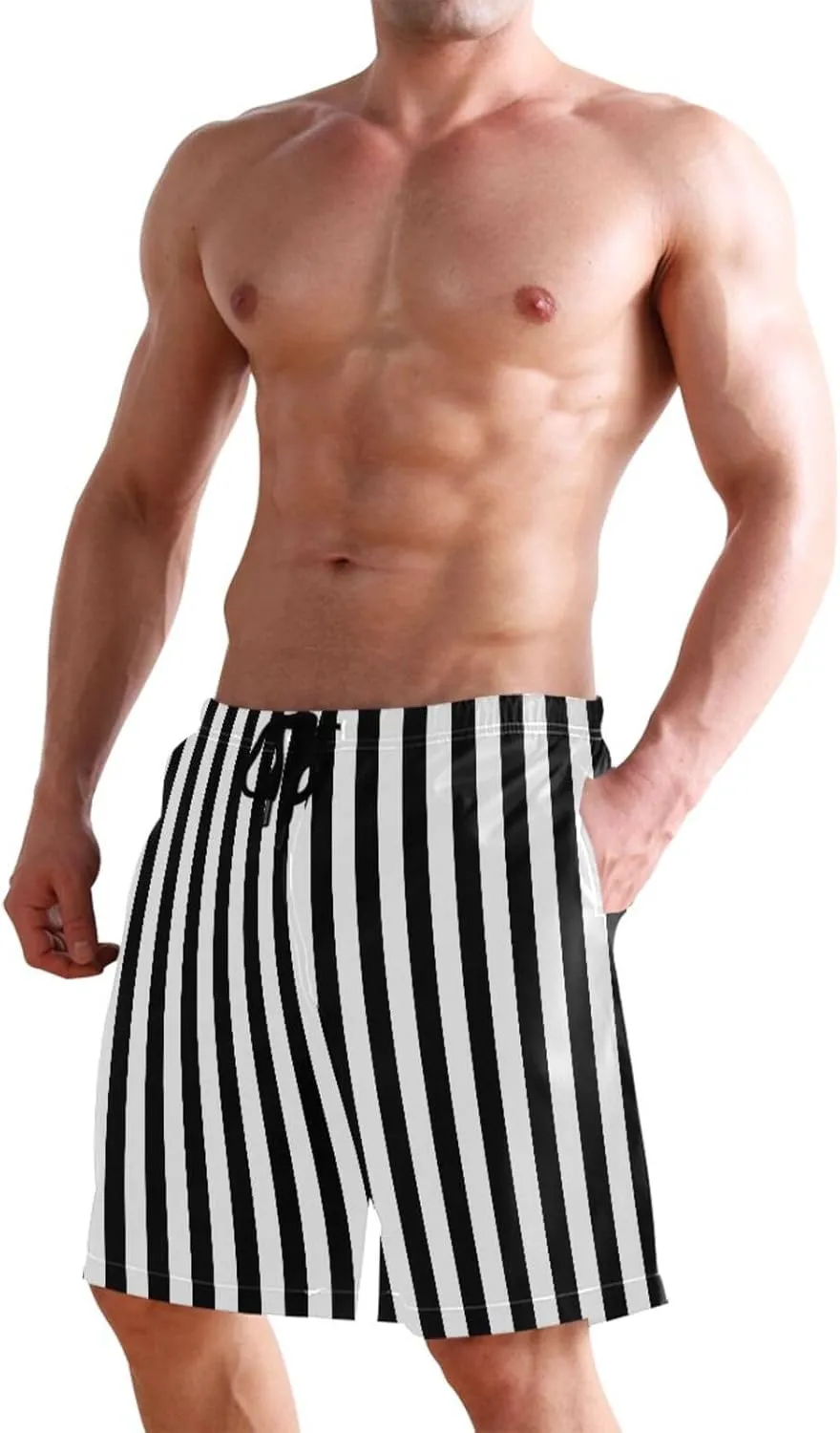 CHIFIGNO Bold Vertical Stripes Black Trunks Men's Shorts, Small Quick Dry, Mens Board Shorts