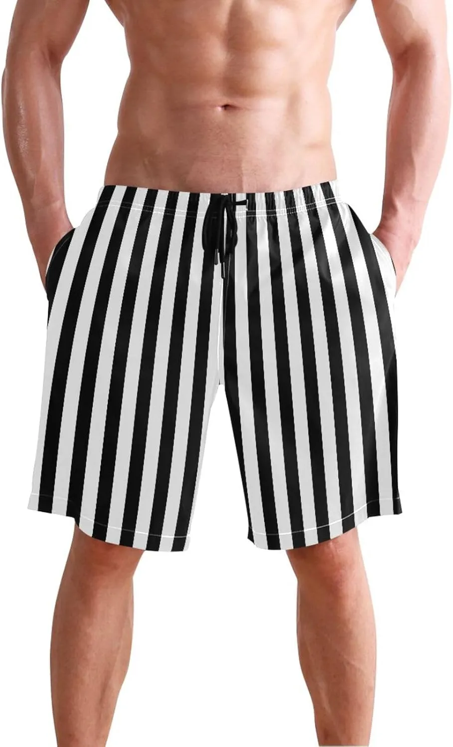 CHIFIGNO Bold Vertical Stripes Black Trunks Men's Shorts, Small Quick Dry, Mens Board Shorts