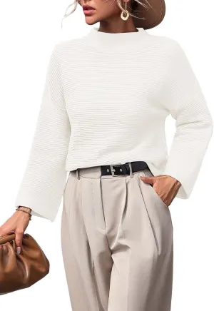 chouyatou Womens Fall Mock Neck Pullover Sweater Elegant Ribbed Knit Dressy Casual Sweater Top