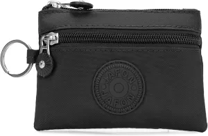 Coin Purse Change Pouch for Women 2 Layers Zipper Oxford Cloth Waterproof Purse (Black)