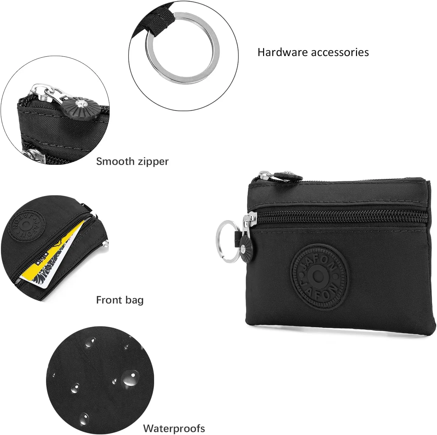 Coin Purse Change Pouch for Women 2 Layers Zipper Oxford Cloth Waterproof Purse (Black)