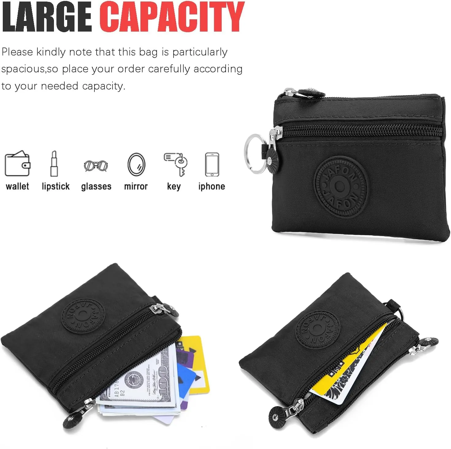 Coin Purse Change Pouch for Women 2 Layers Zipper Oxford Cloth Waterproof Purse (Black)