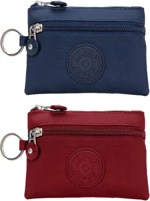 Coin Purse Change Pouch for Women 2 Layers Zipper Oxford Cloth Waterproof Purse (Blue Red)