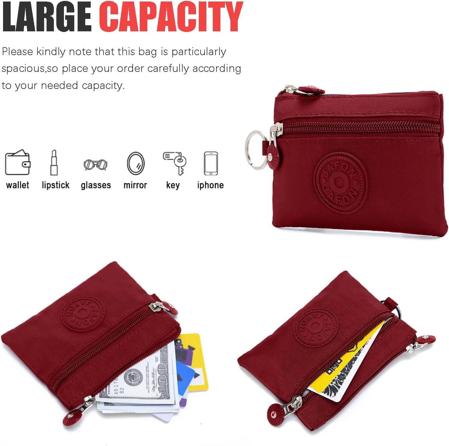 Coin Purse Change Pouch for Women 2 Layers Zipper Oxford Cloth Waterproof Purse (Blue Red)