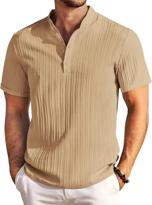 COOFANDY Men Beach Henley Tee Shirt Band Collar Short Sleeve Summer Hippie T-Shirt Khaki