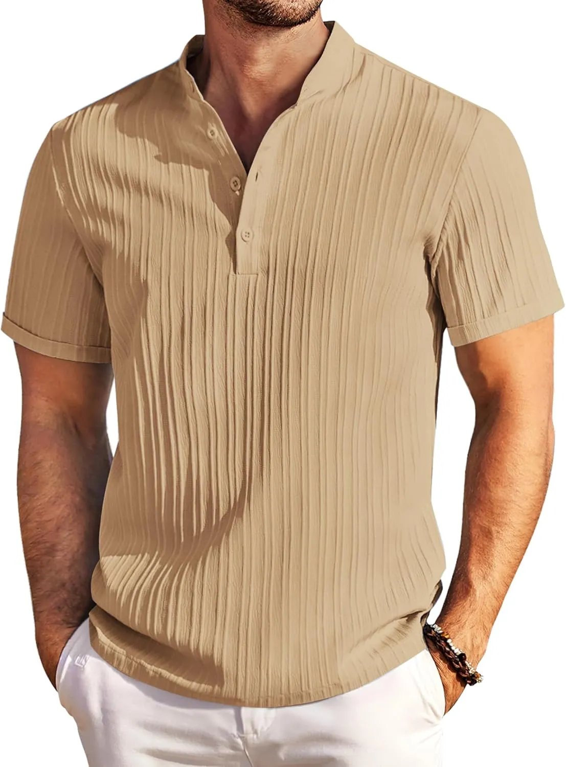 COOFANDY Men Beach Henley Tee Shirt Band Collar Short Sleeve Summer Hippie T-Shirt Khaki
