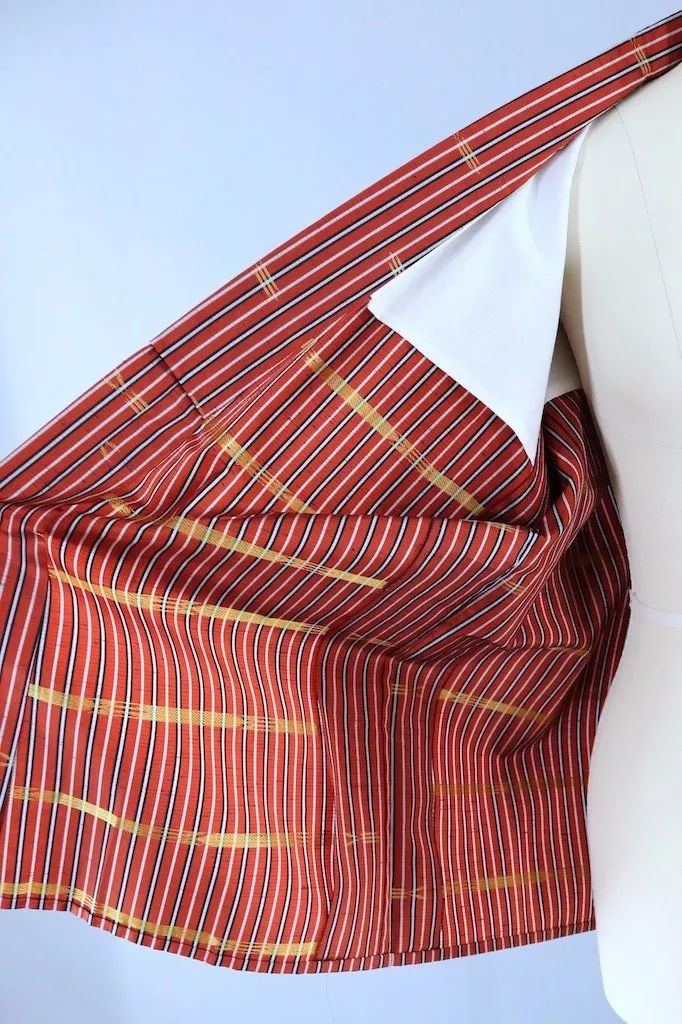 Dark Red Ikat Stripe Raw Silk Kimono Cardigan