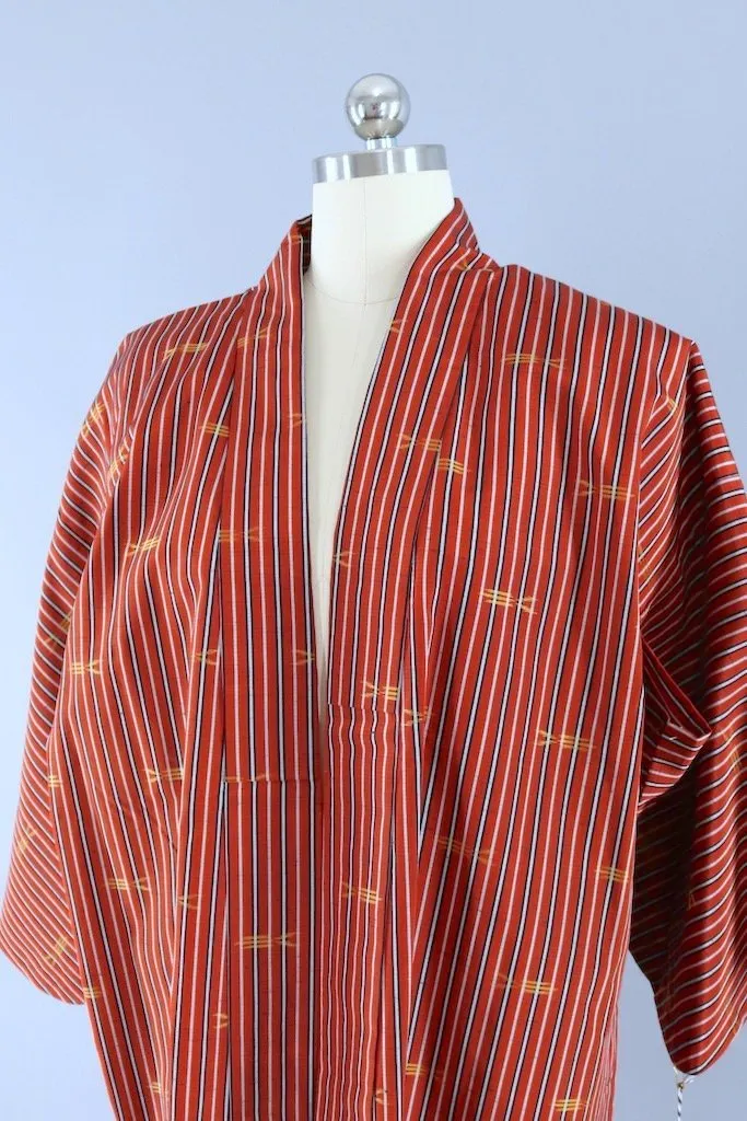 Dark Red Ikat Stripe Raw Silk Kimono Cardigan