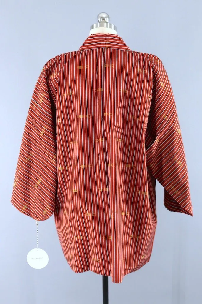 Dark Red Ikat Stripe Raw Silk Kimono Cardigan