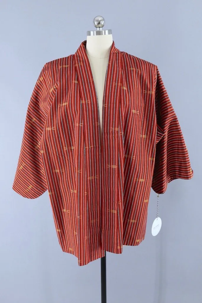 Dark Red Ikat Stripe Raw Silk Kimono Cardigan