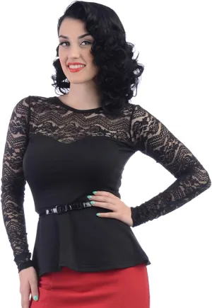 Elegant Office Lady Black Midnight Rose Sheer Lace Long Sleeve Peplum Top
