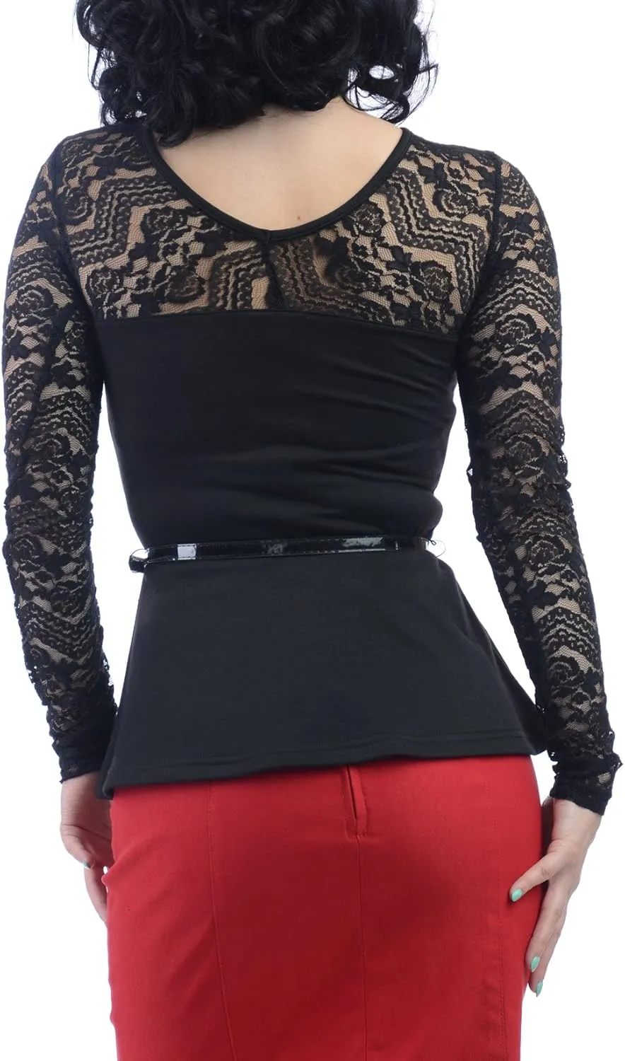 Elegant Office Lady Black Midnight Rose Sheer Lace Long Sleeve Peplum Top