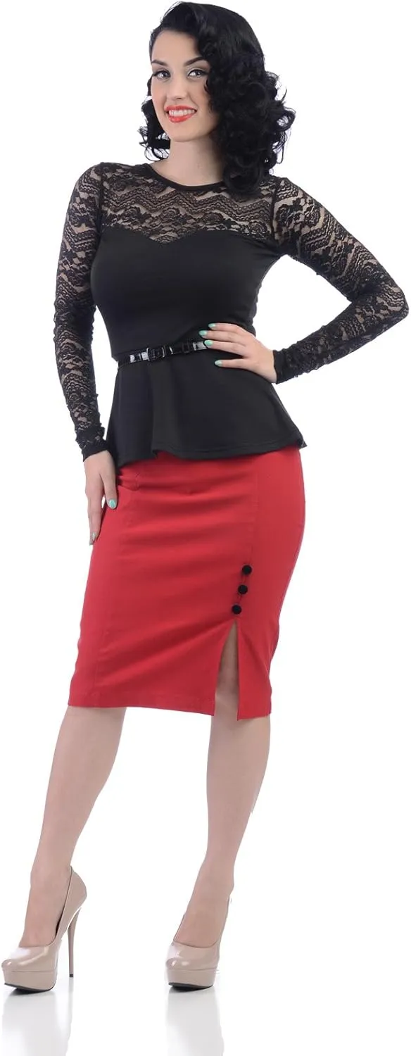 Elegant Office Lady Black Midnight Rose Sheer Lace Long Sleeve Peplum Top