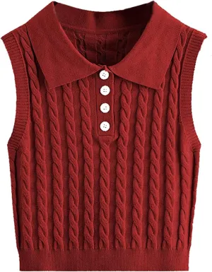 Elegant Women's Polo Collar Cable Knit Vest Sleeveless Button Down Knitted Top Stylish for Office and Casual Looks
