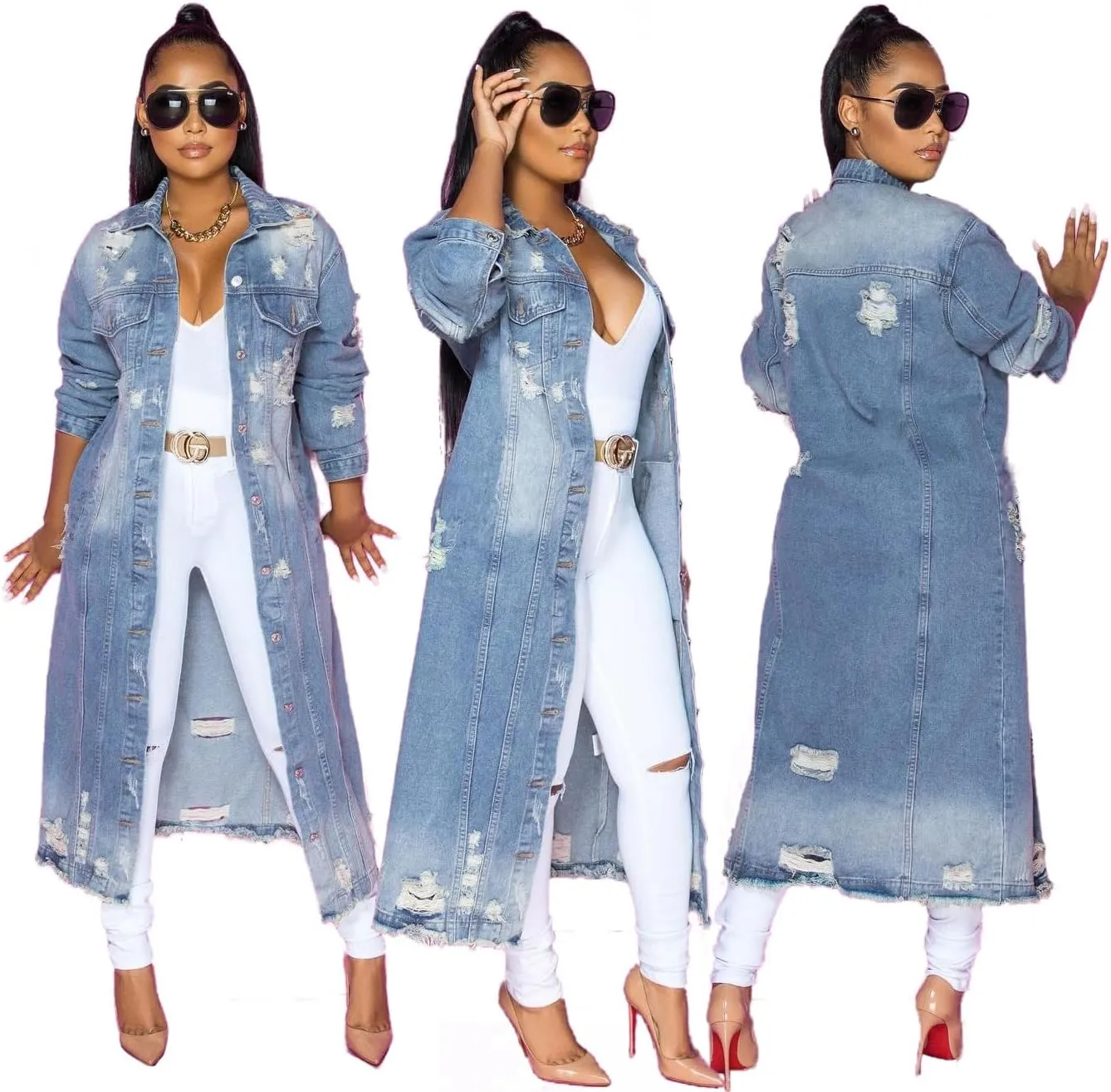 Fashion Women's Spring Autumn Distressed Denim Trench Coat Ripped Holes Maxi Long Denim Ripped Details Jacket