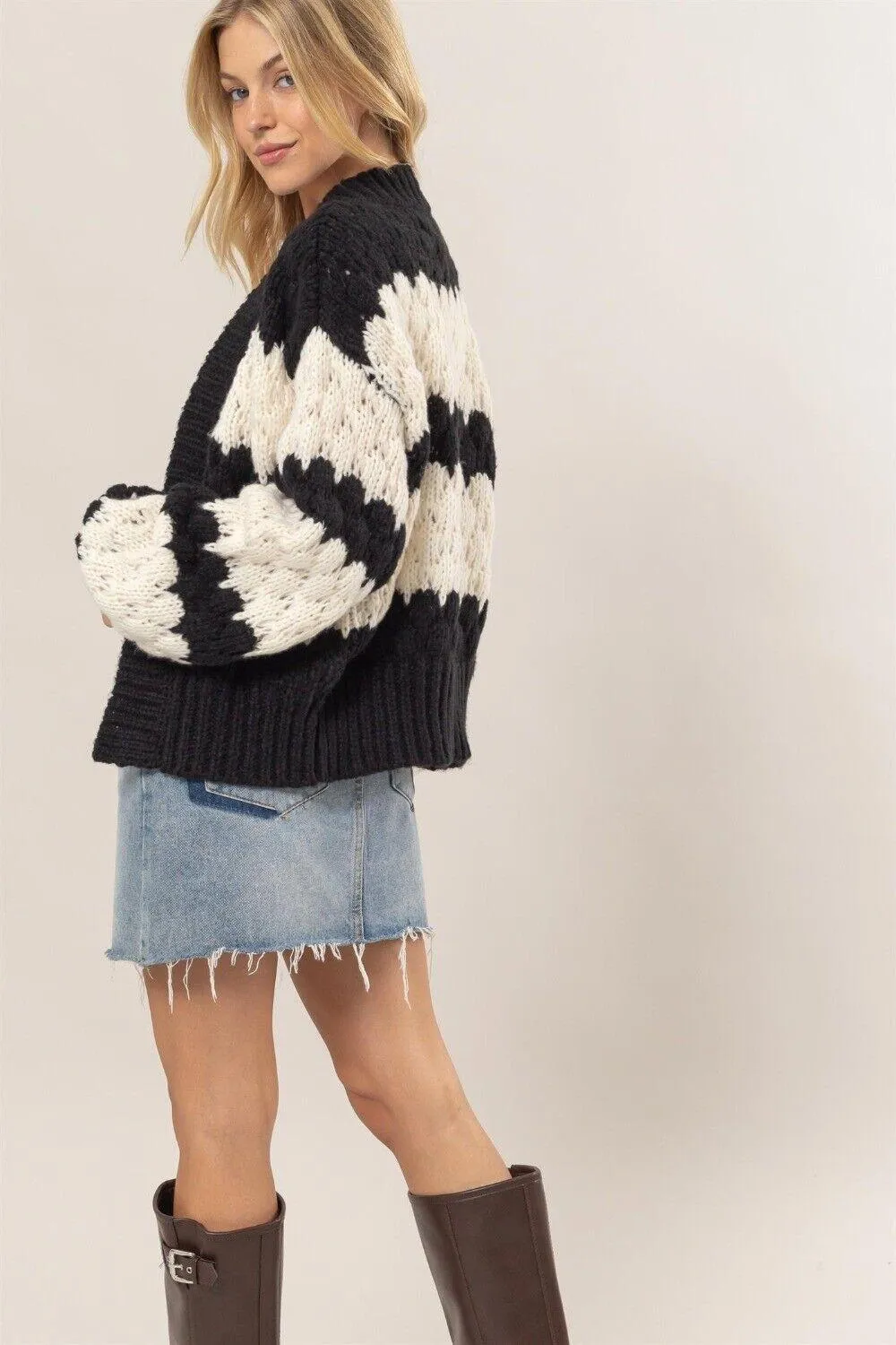 HYFVE Scallop Striped Cardigan Open Front Long Sleeve Women's Casual Sweater