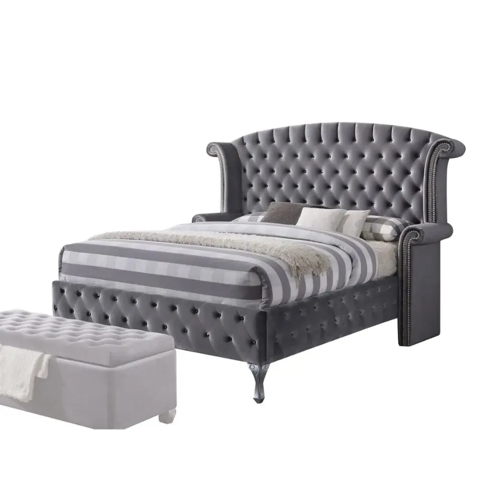 Jensen Button Tufted Wingback Queen Bed, Gray Velvet