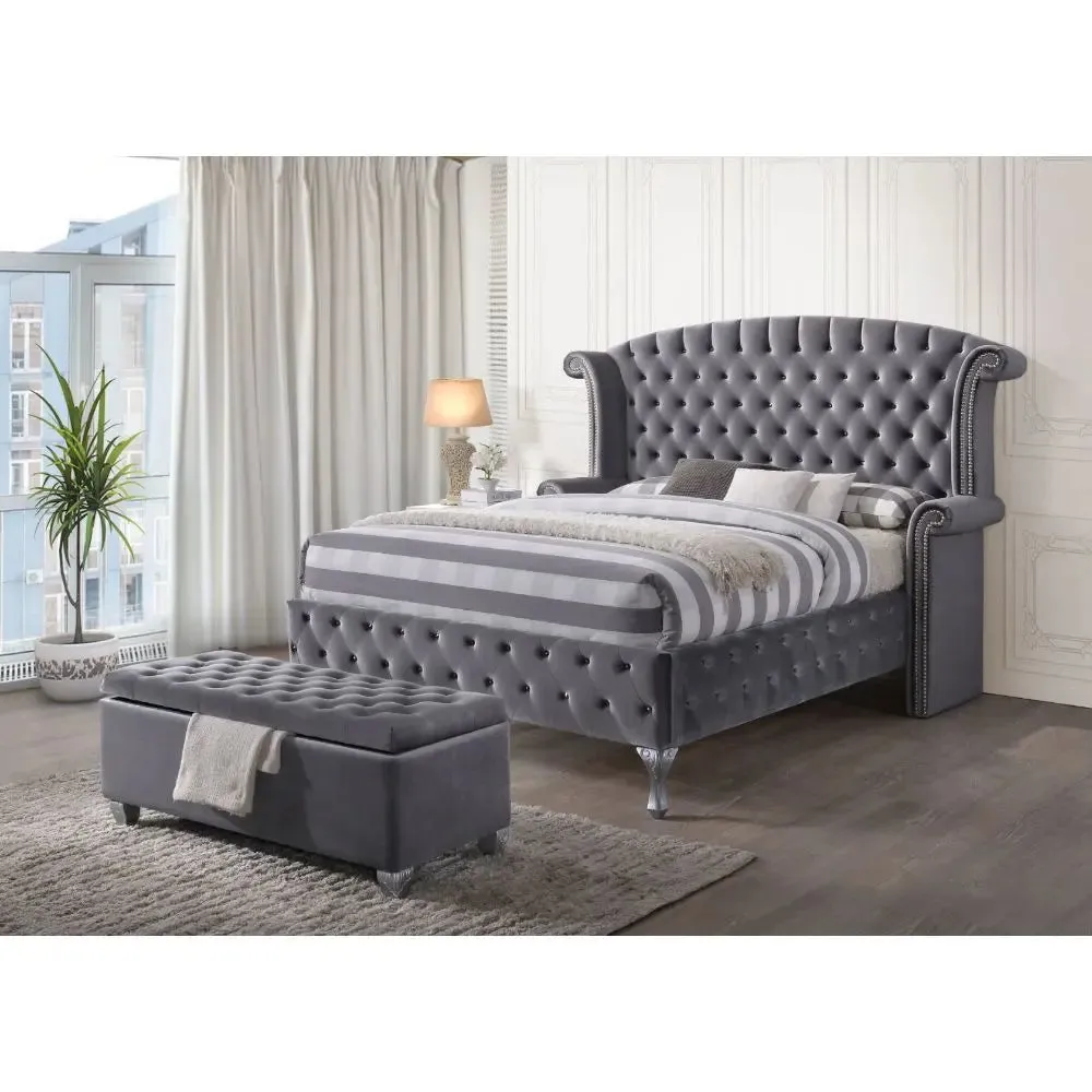 Jensen Button Tufted Wingback Queen Bed, Gray Velvet