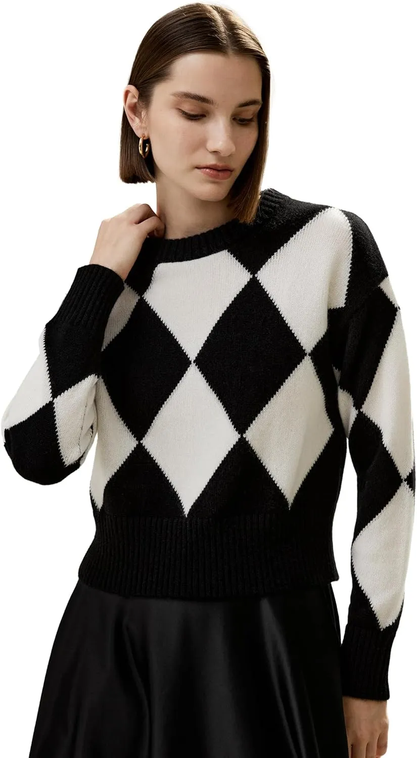 LilySilk 100% Cashmere Sweater for Women Elegant Diamond Pattern Cropped Round Neck Pullover for Fall Winter