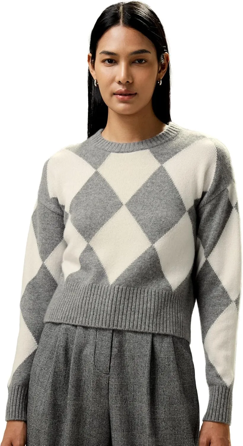 LilySilk 100% Cashmere Sweater for Women Elegant Diamond Pattern Cropped Round Neck Pullover for Fall Winter