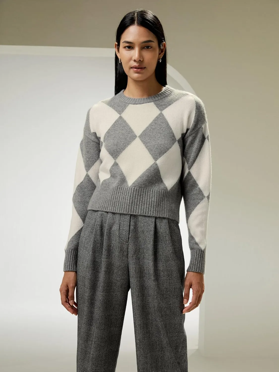 LilySilk 100% Cashmere Sweater for Women Elegant Diamond Pattern Cropped Round Neck Pullover for Fall Winter