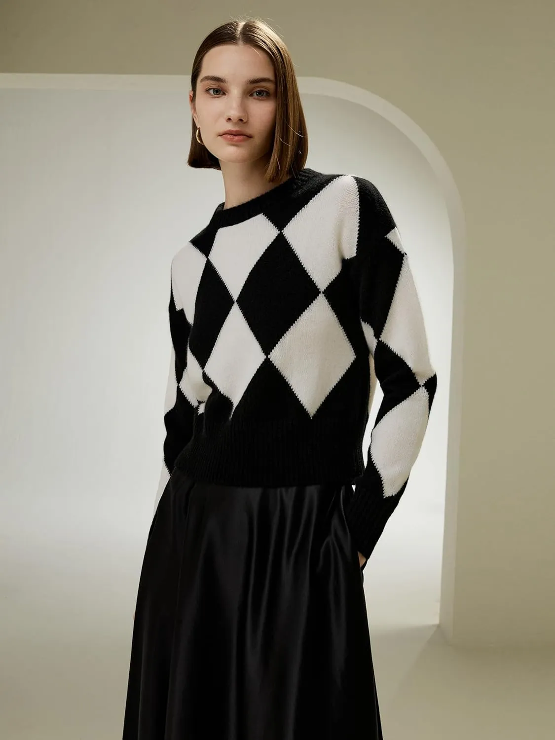 LilySilk 100% Cashmere Sweater for Women Elegant Diamond Pattern Cropped Round Neck Pullover for Fall Winter