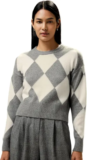 LilySilk 100% Cashmere Sweater for Women Elegant Diamond Pattern Cropped Round Neck Pullover for Fall Winter